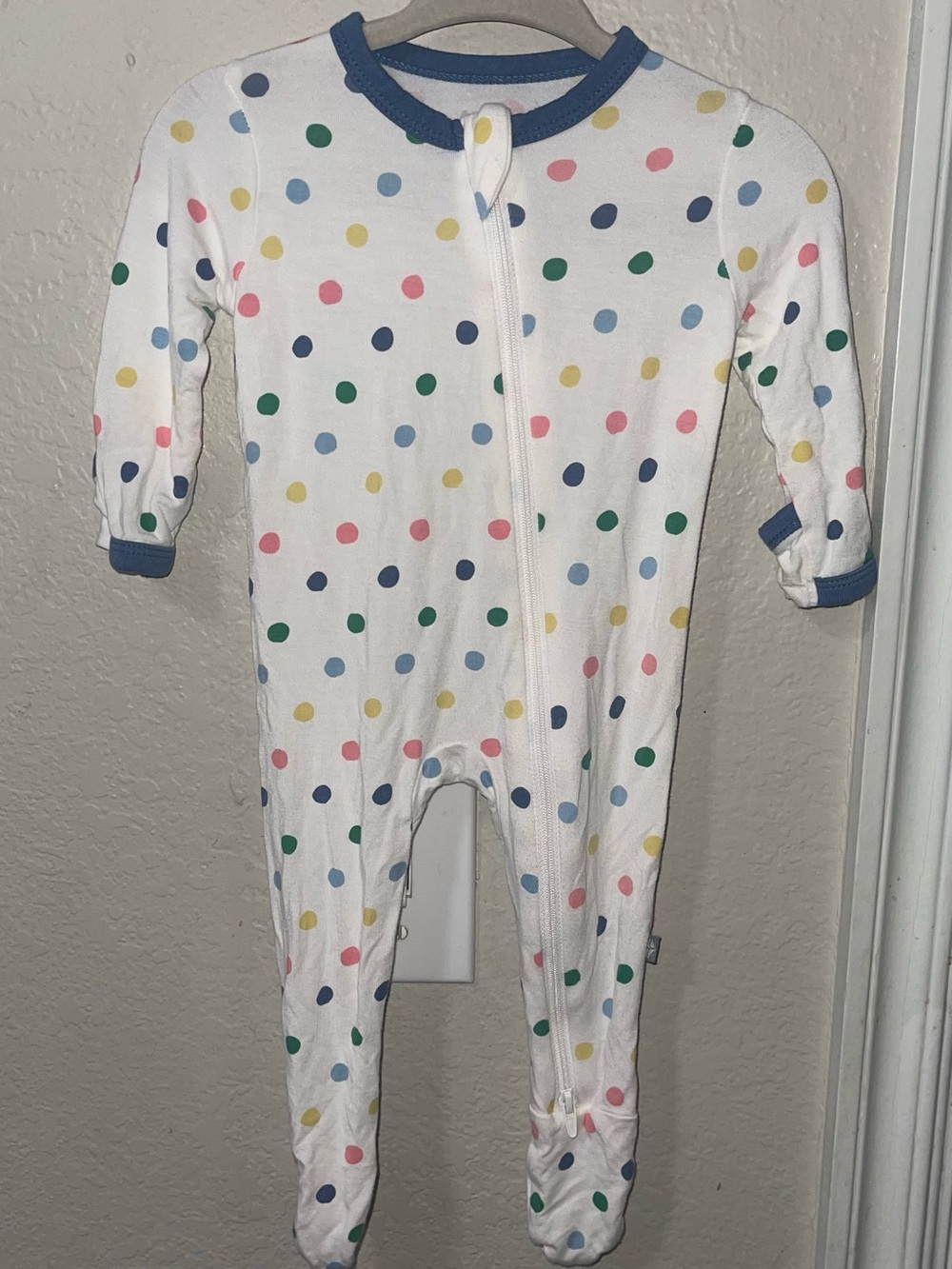 Kyte BABY White Footed One-Piece with Multicolor Polka Dots and Blue Trim
